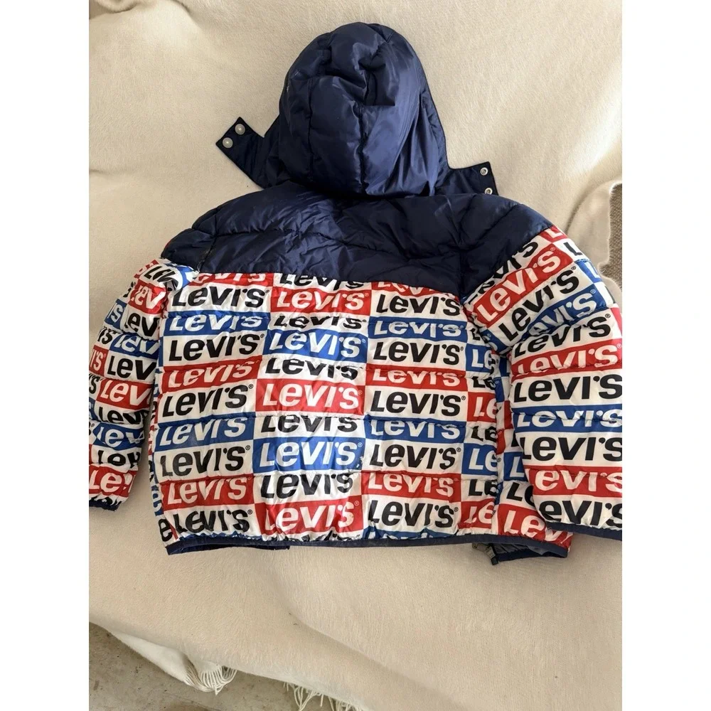Levi's Kids Puffer Jacket M 10-12 Years All Over Logo Print Red White Blue Navy